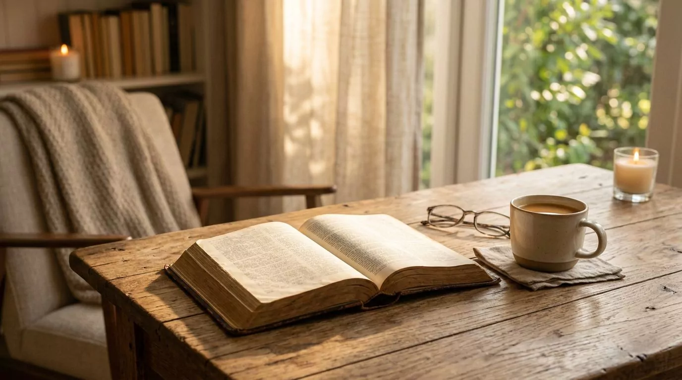 An open Bible on a wooden desk with warm sunlight