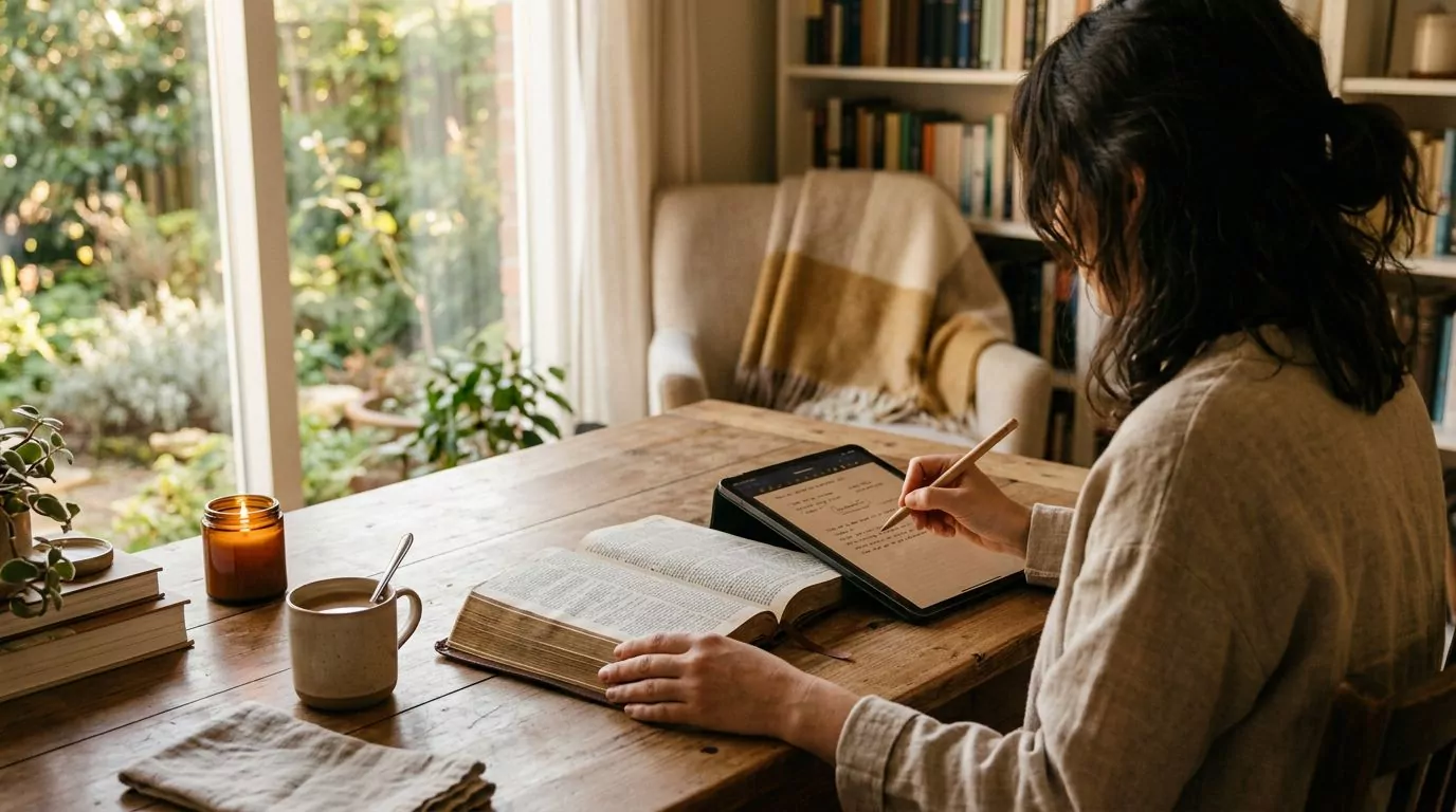 Person reading Bible and taking digital notes on tablet in modern study setup