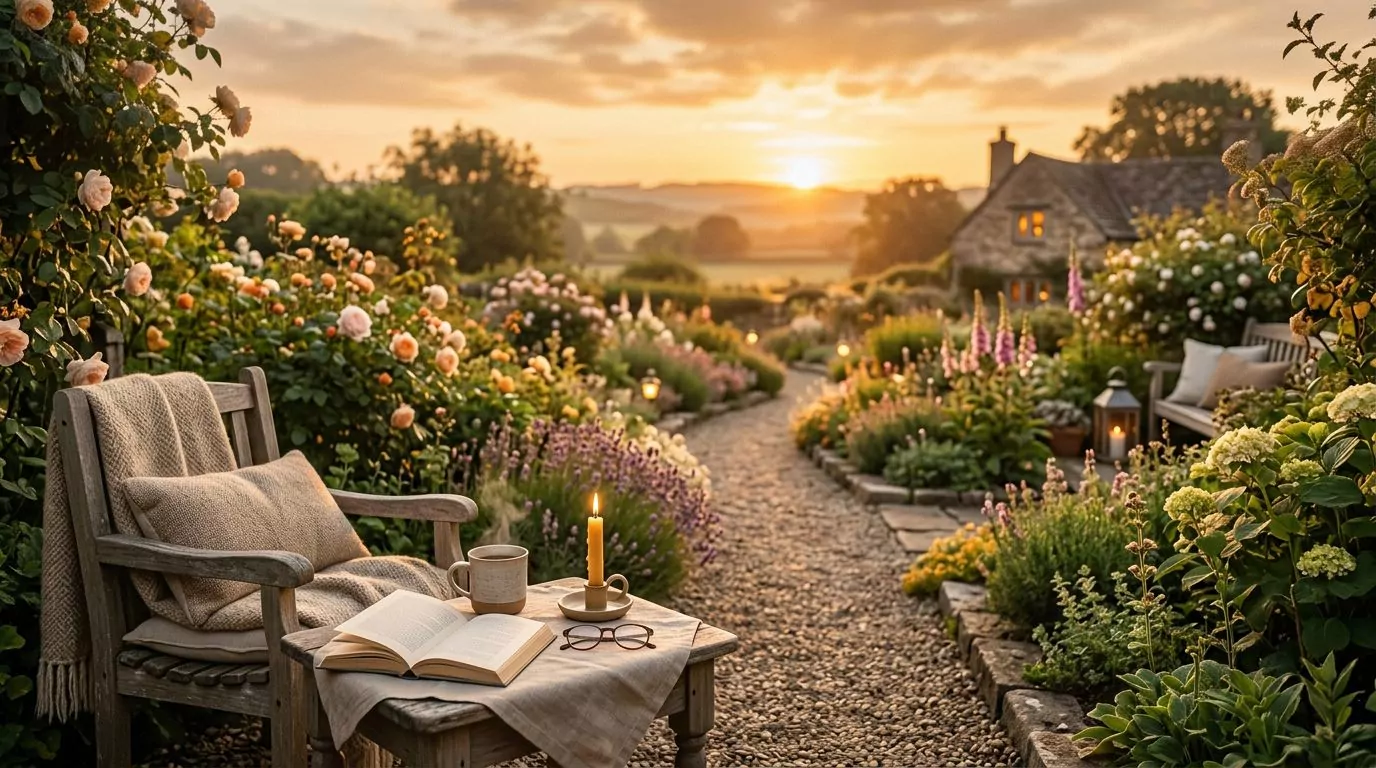 A path through a garden leading toward sunrise