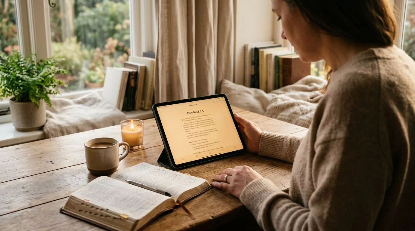 Person studying with Bible app on tablet