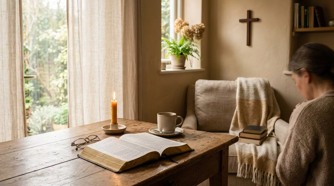 Quiet prayer room with soft lighting and open Bible on wooden table creating peaceful sanctuary atmosphere