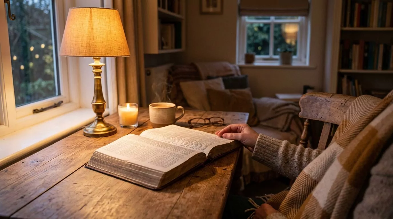 Cozy evening Bible reading with soft lamp light