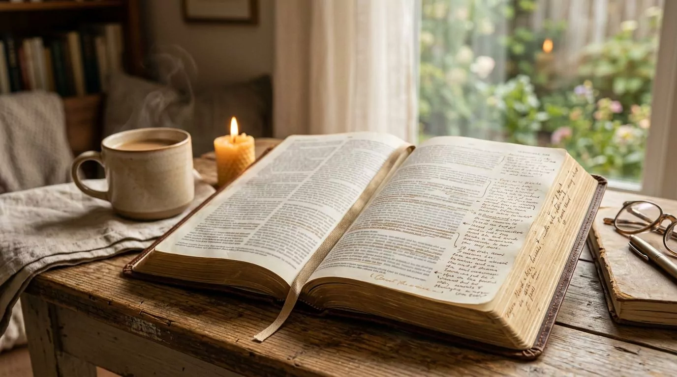 Close-up of Bible margin notes with handwritten annotations