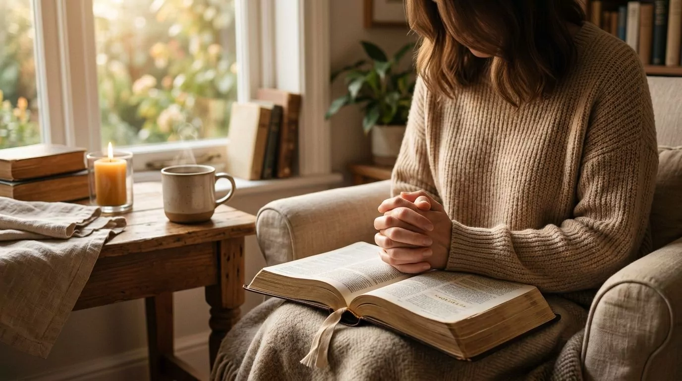 Person praying with open Bible on lap, hands folded in peaceful prayer