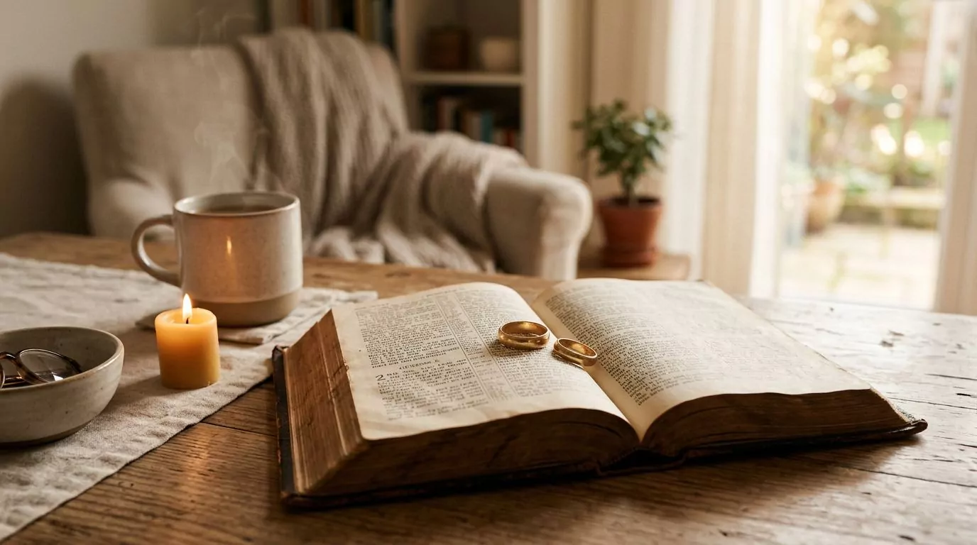 Wedding rings on Bible representing covenant love