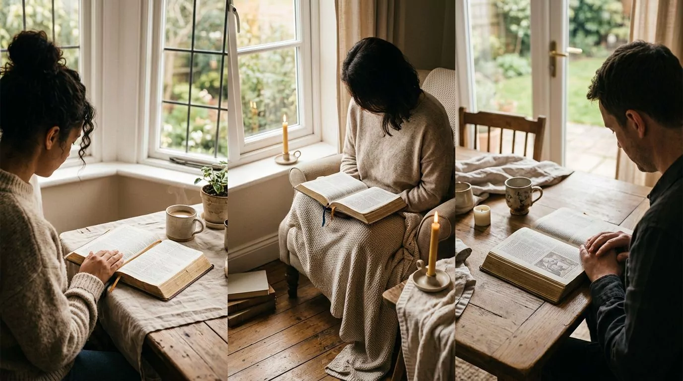 Diverse people reading the Bible in different settings