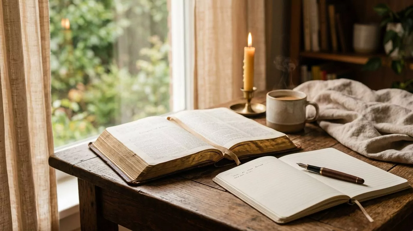 Open Bible with journal and pen beside it