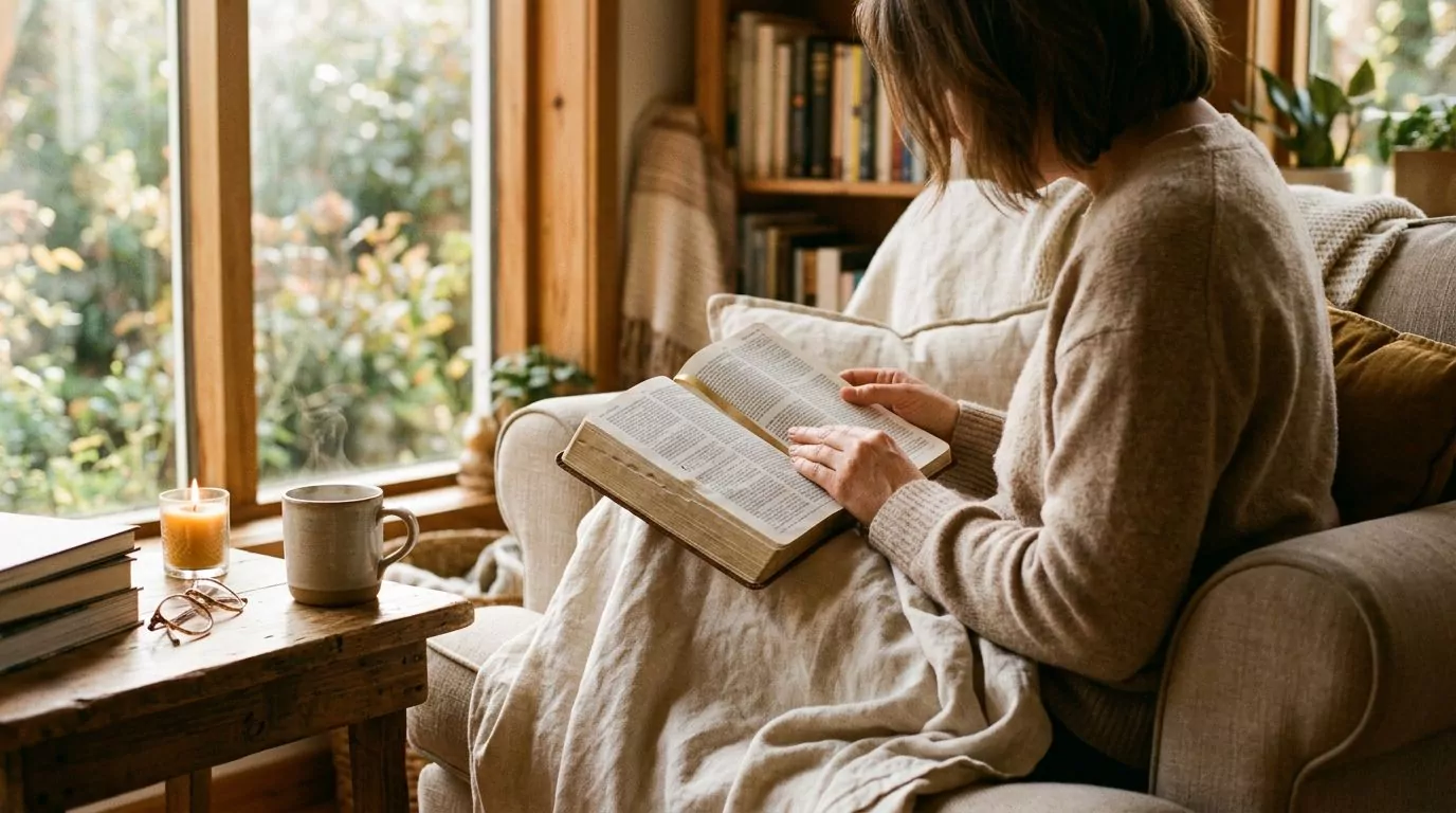 Person peacefully reading Bible in comfortable setting