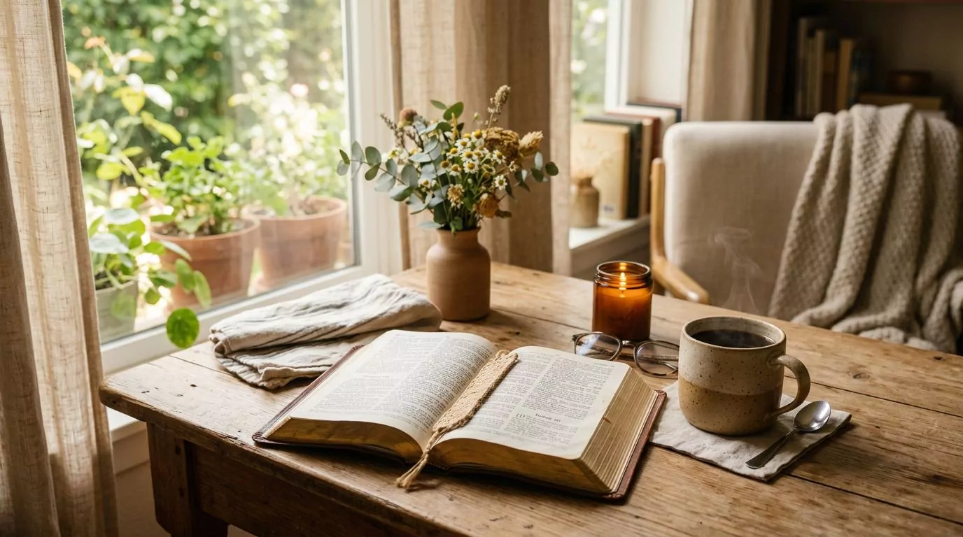 A cozy morning scene with an open Bible and coffee