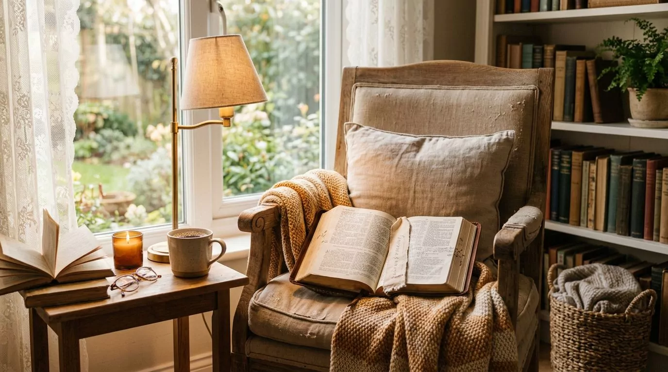 A cozy reading nook with warm lamp light and an open Bible