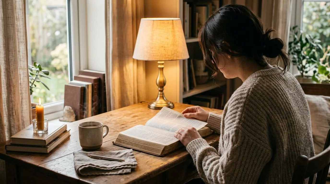 Person reading an open Bible at a desk with warm lamp light