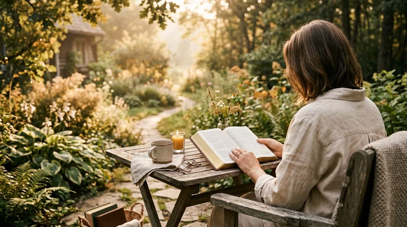 Person reading Bible in peaceful nature setting