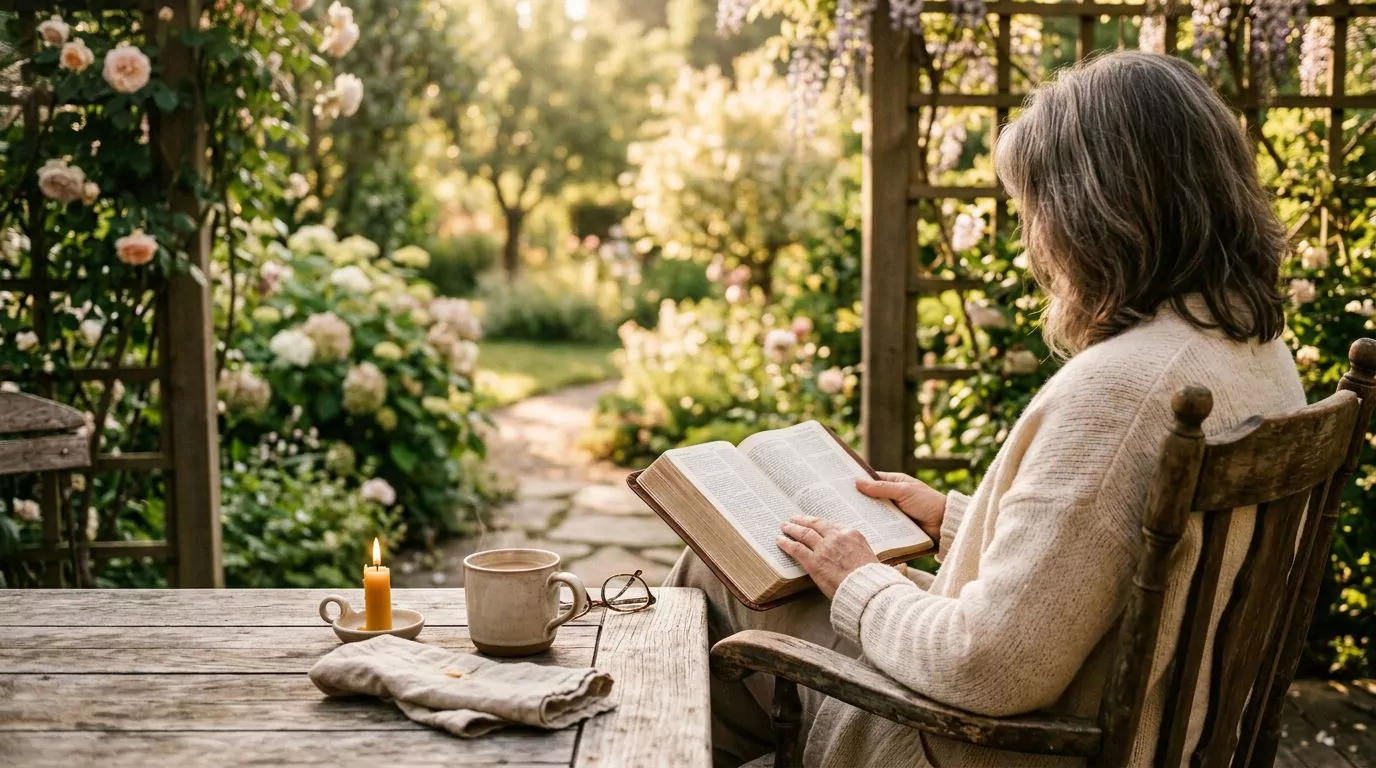 Person reading Bible in a peaceful garden setting