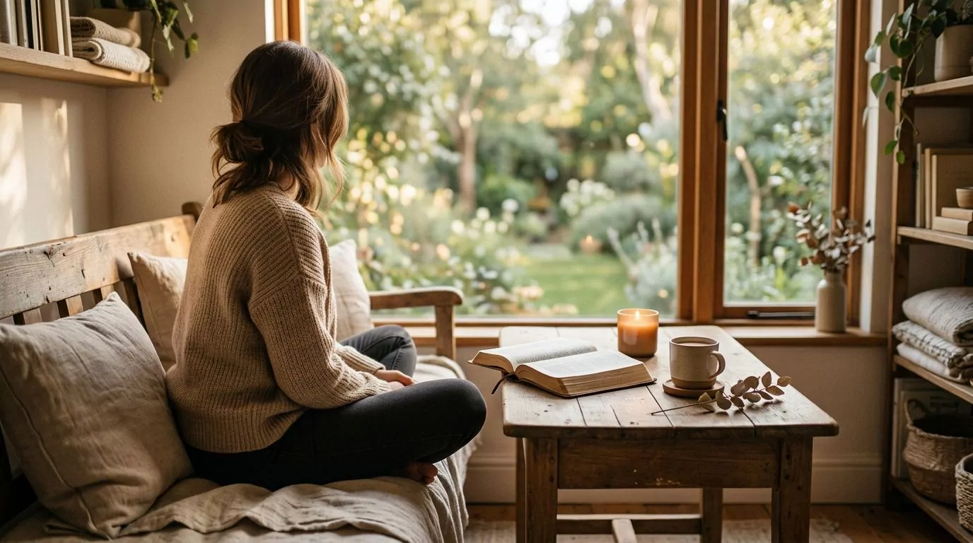 Peaceful meditation scene with person sitting quietly with Bible open in serene natural setting