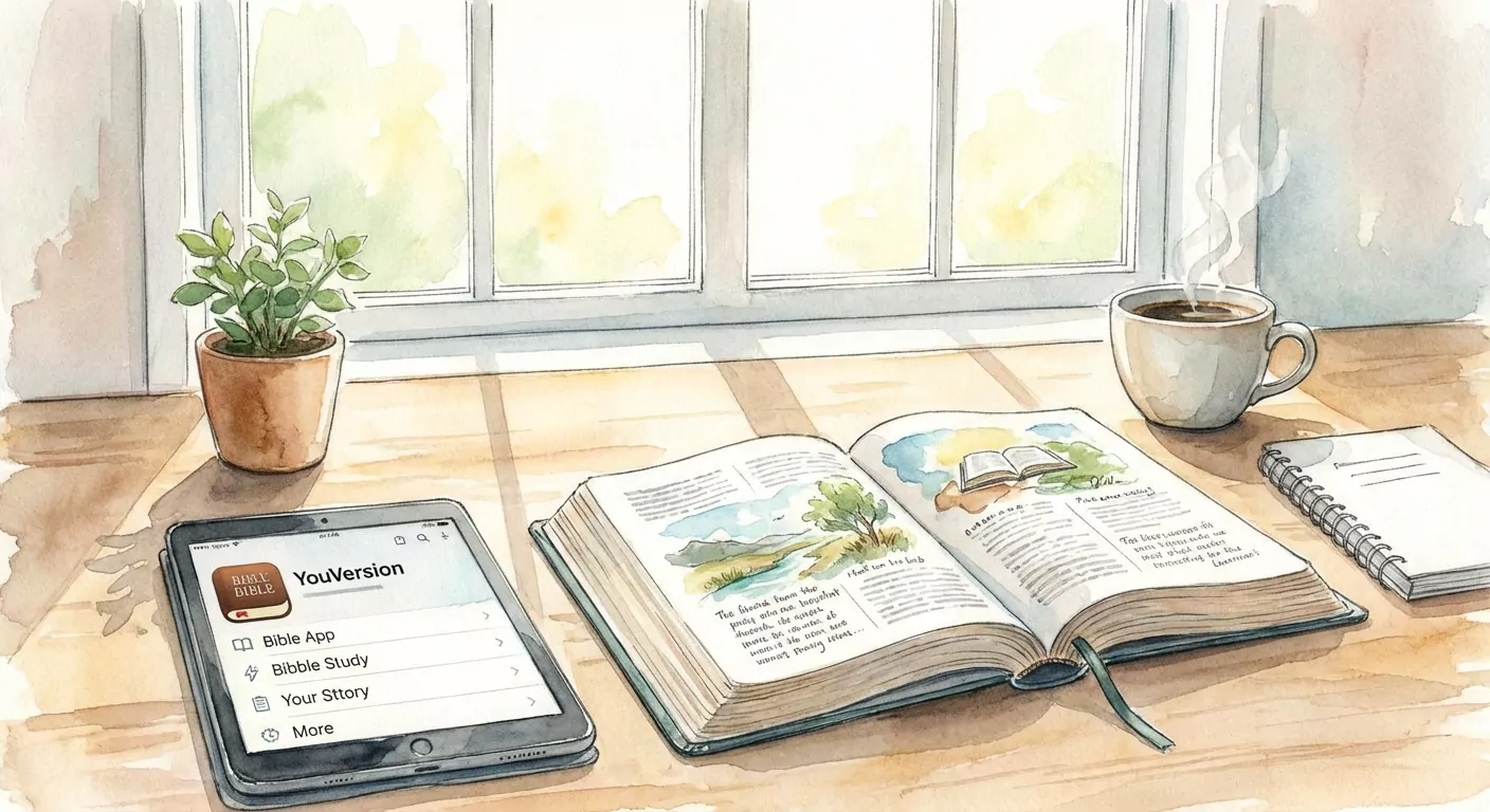 Bible study setup with tablet and coffee in morning light