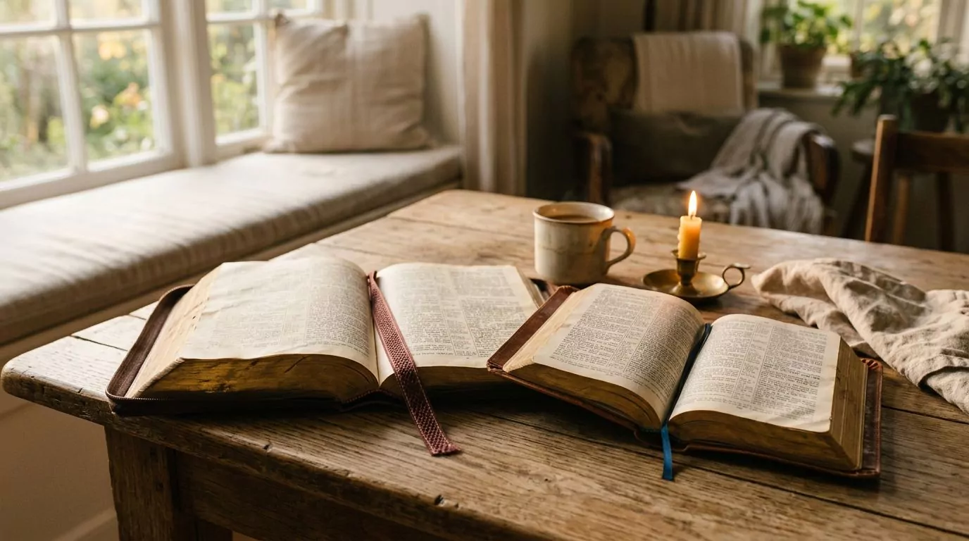Two Bibles side by side on a wooden table in warm morning light