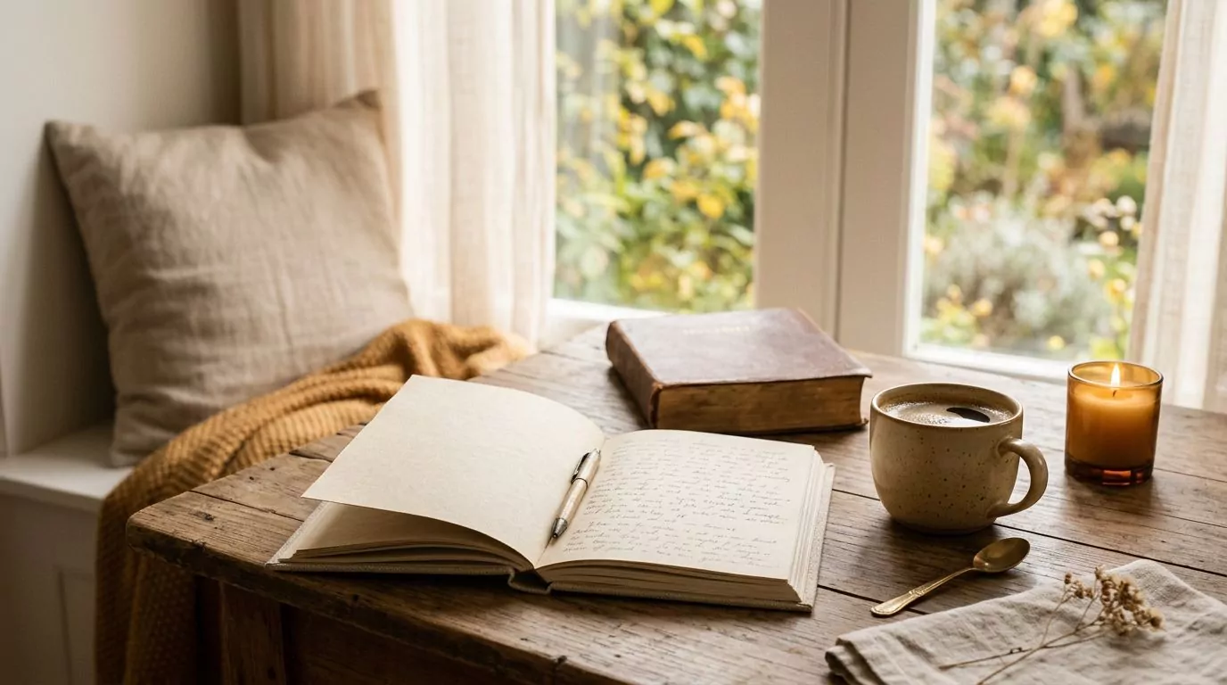Gratitude journal with Bible verses and coffee setup