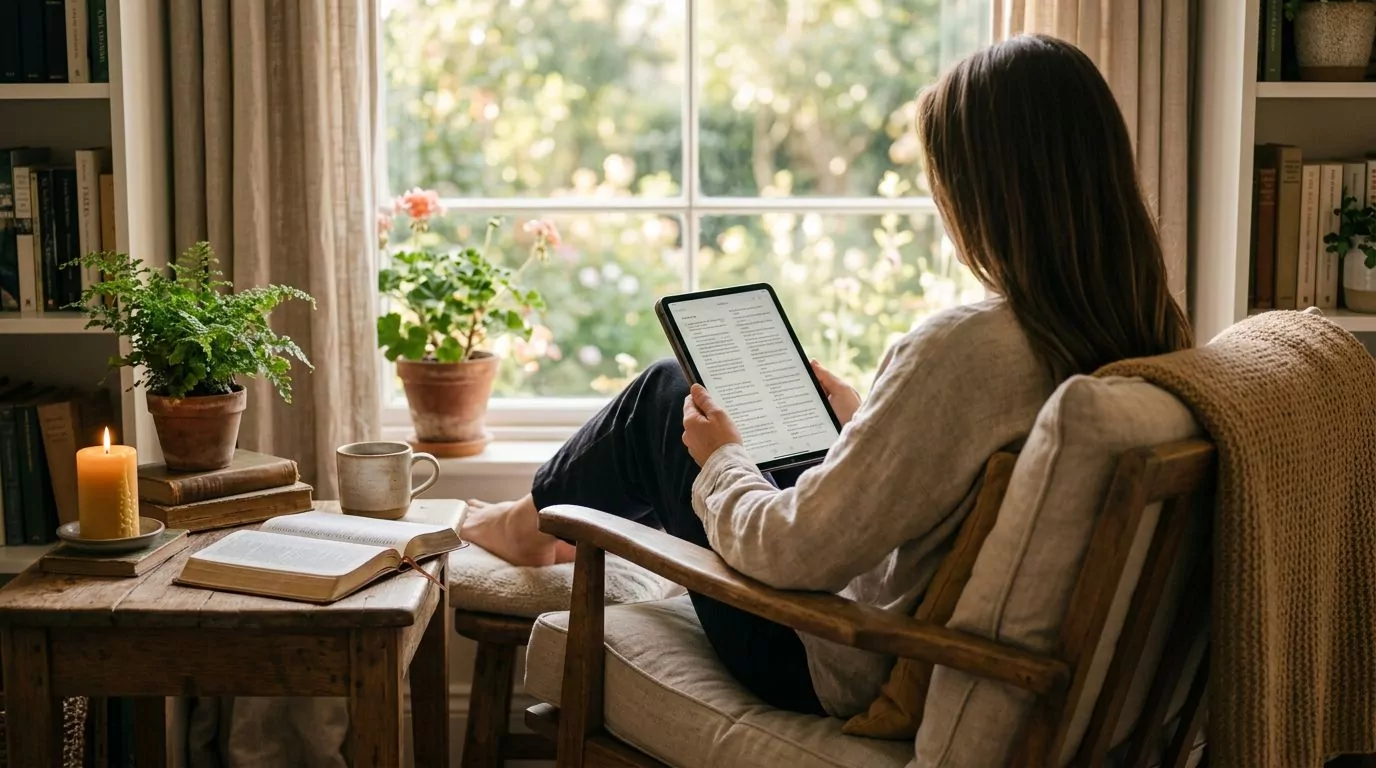 Person relaxed in chair reading Bible on tablet
