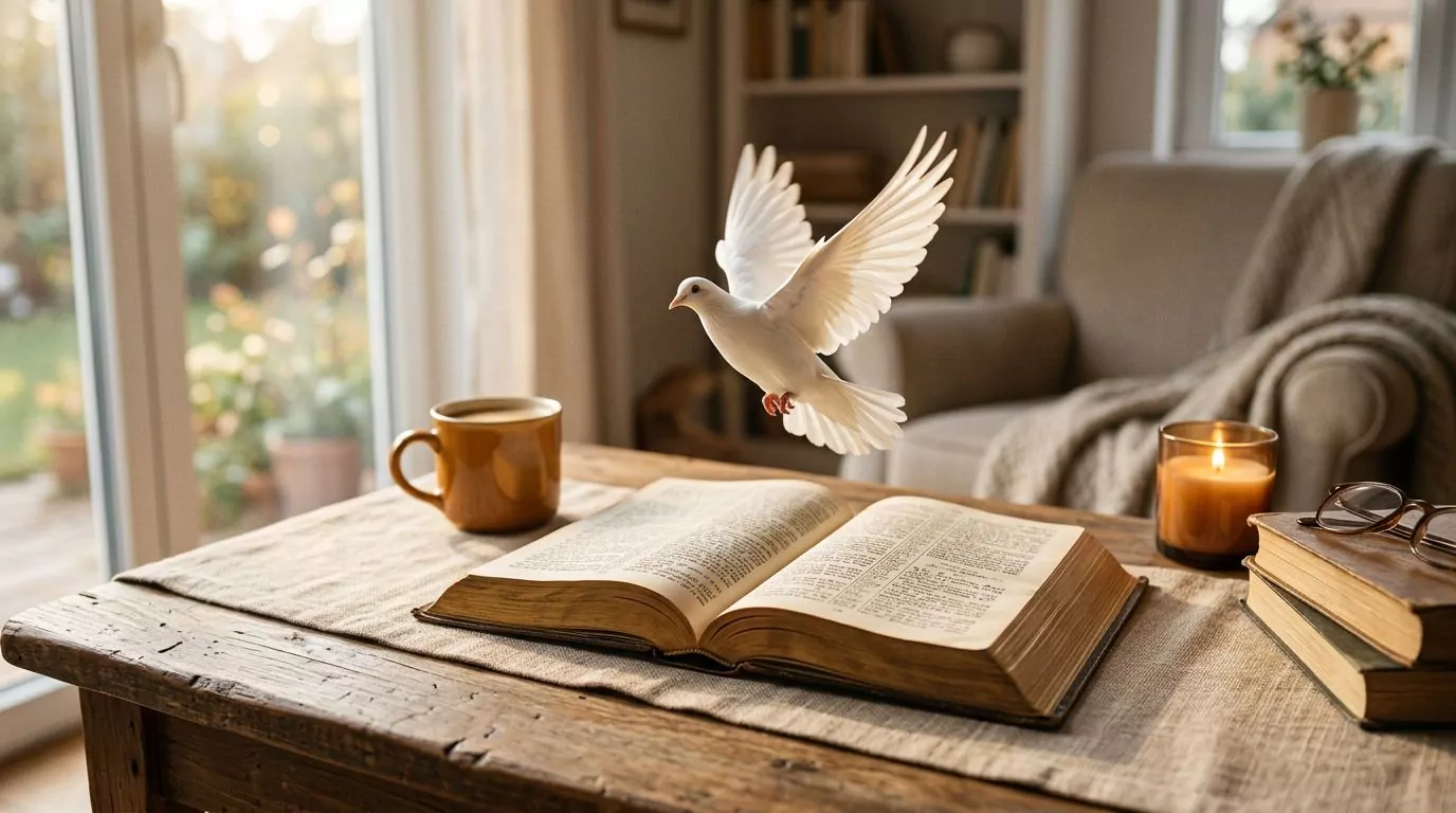 Open Bible with dove flying from pages, representing God's grace and forgiveness in peaceful atmosphere