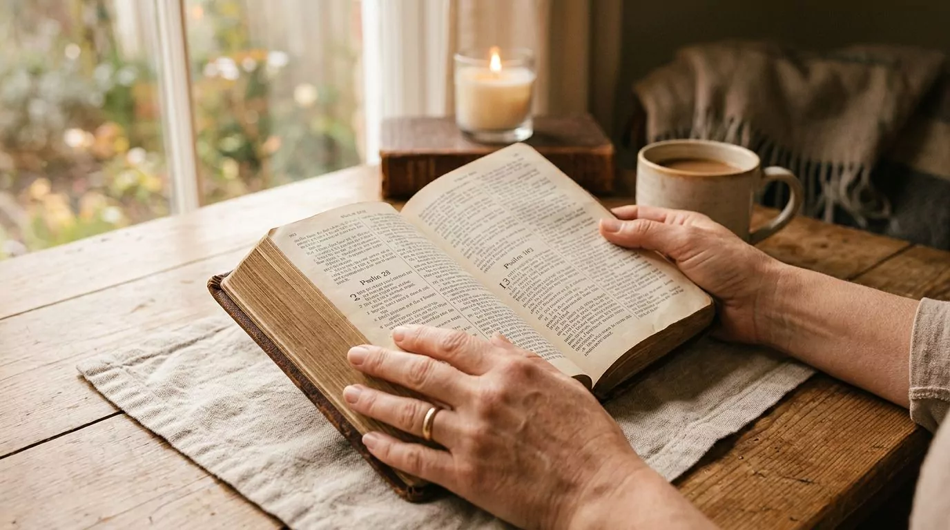 Gentle hands holding open Bible with healing scripture in soft divine light, representing comfort and restoration