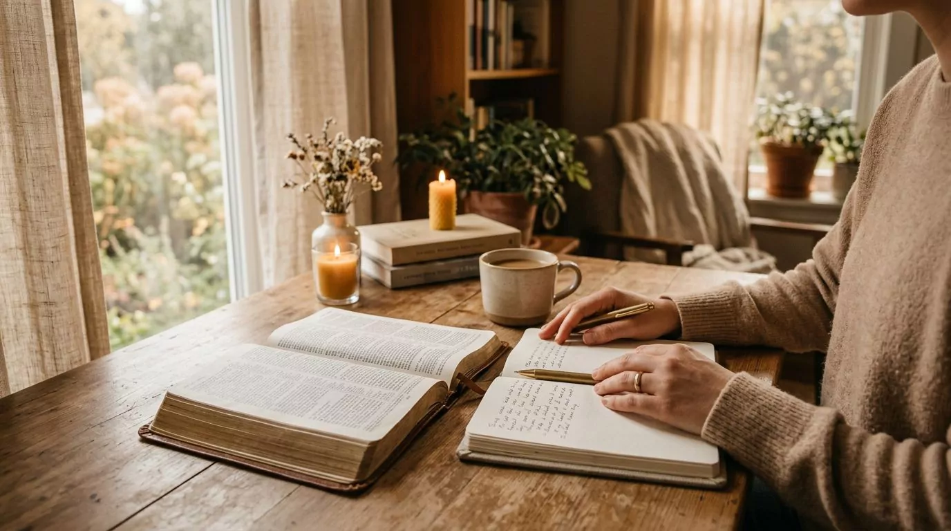 Person preparing for Bible study with open Bible, notebook and warm lighting
