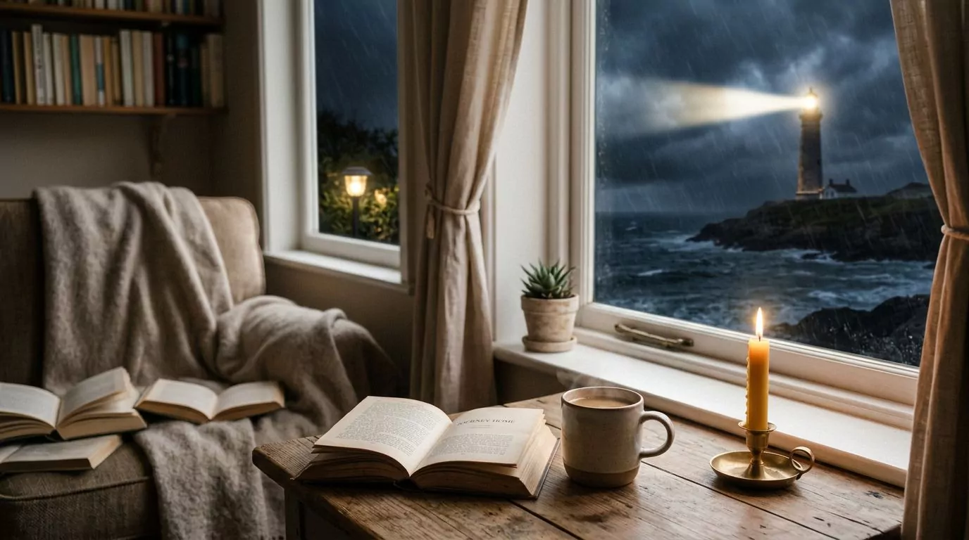 Lighthouse beacon shining bright light through stormy night, symbolizing hope as a guiding light
