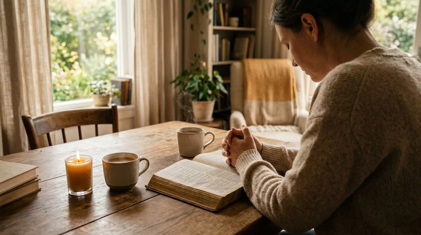 Person praying over an open Bible in peaceful setting