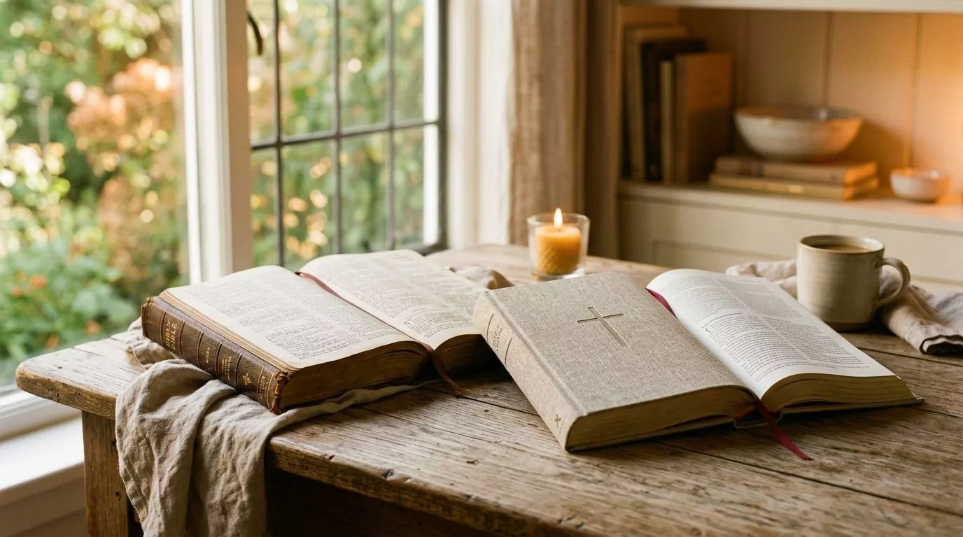 Two Bibles side by side representing traditional and modern translations