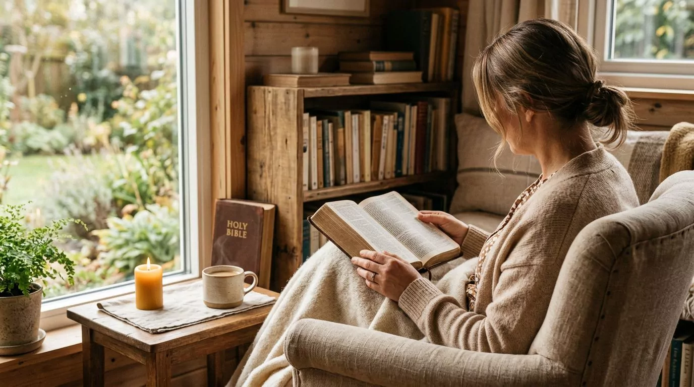 Person reading the Bible in a cozy reading nook