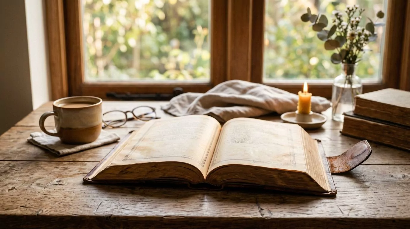 An open Bible on a wooden table with warm morning light