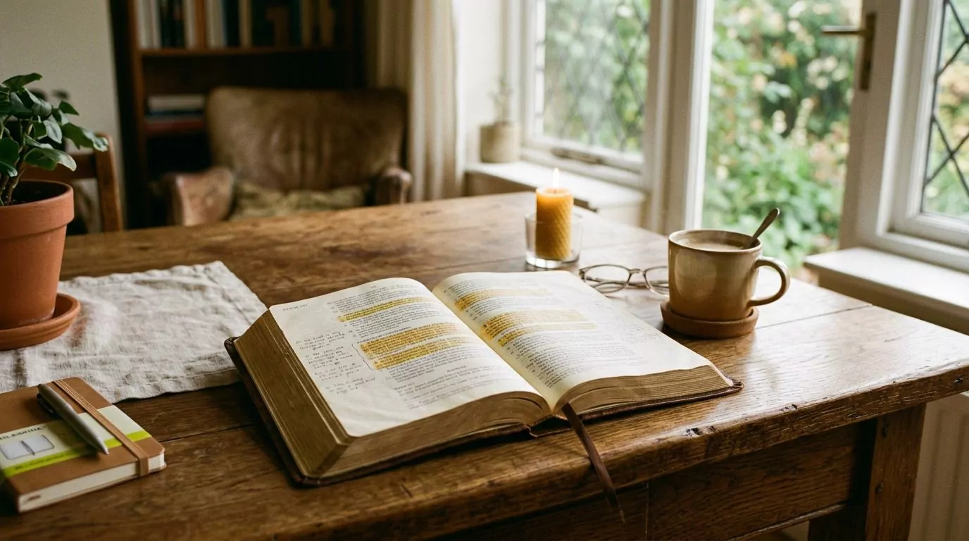 Bible pages with highlighted passages on a study desk