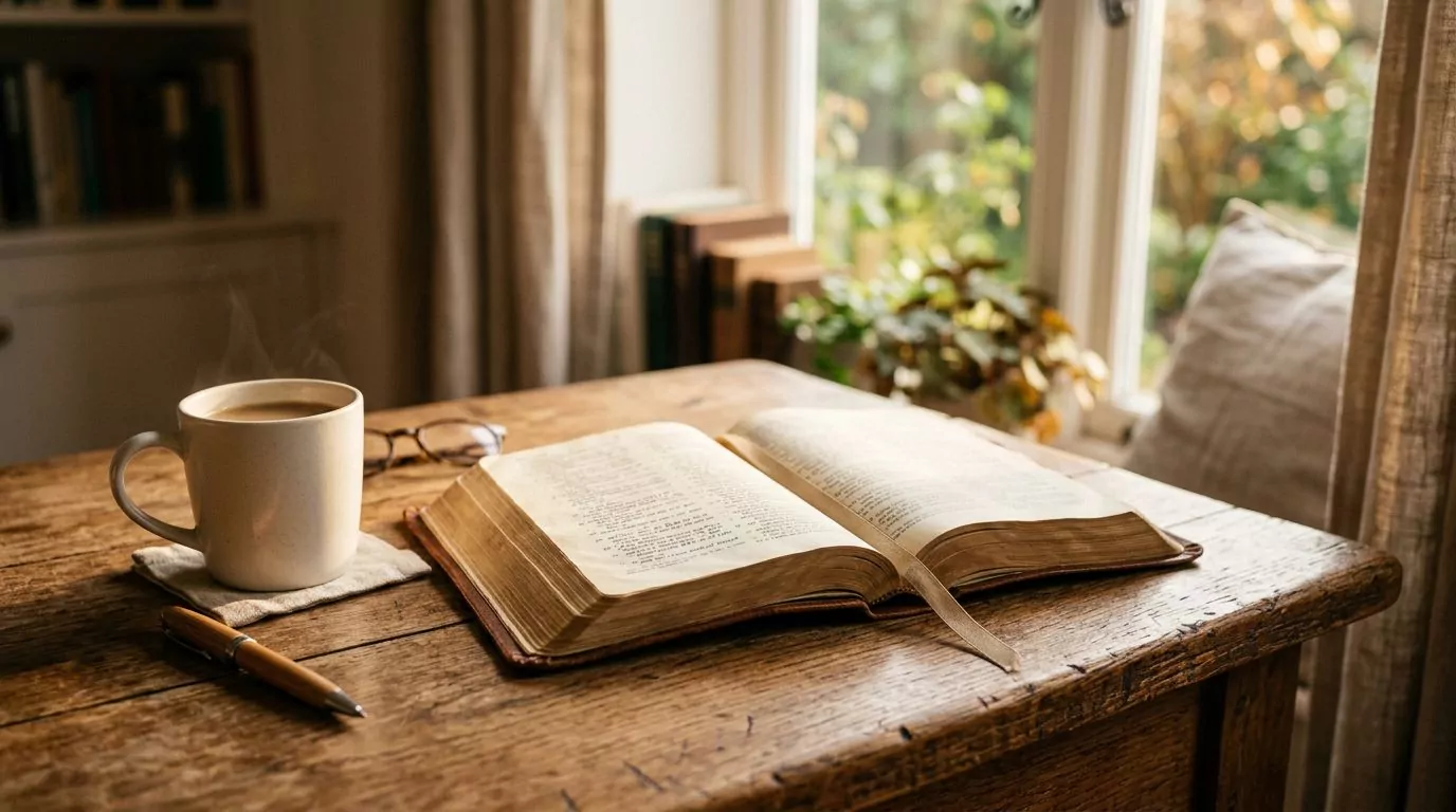 Bible open on a wooden desk with warm morning sunlight