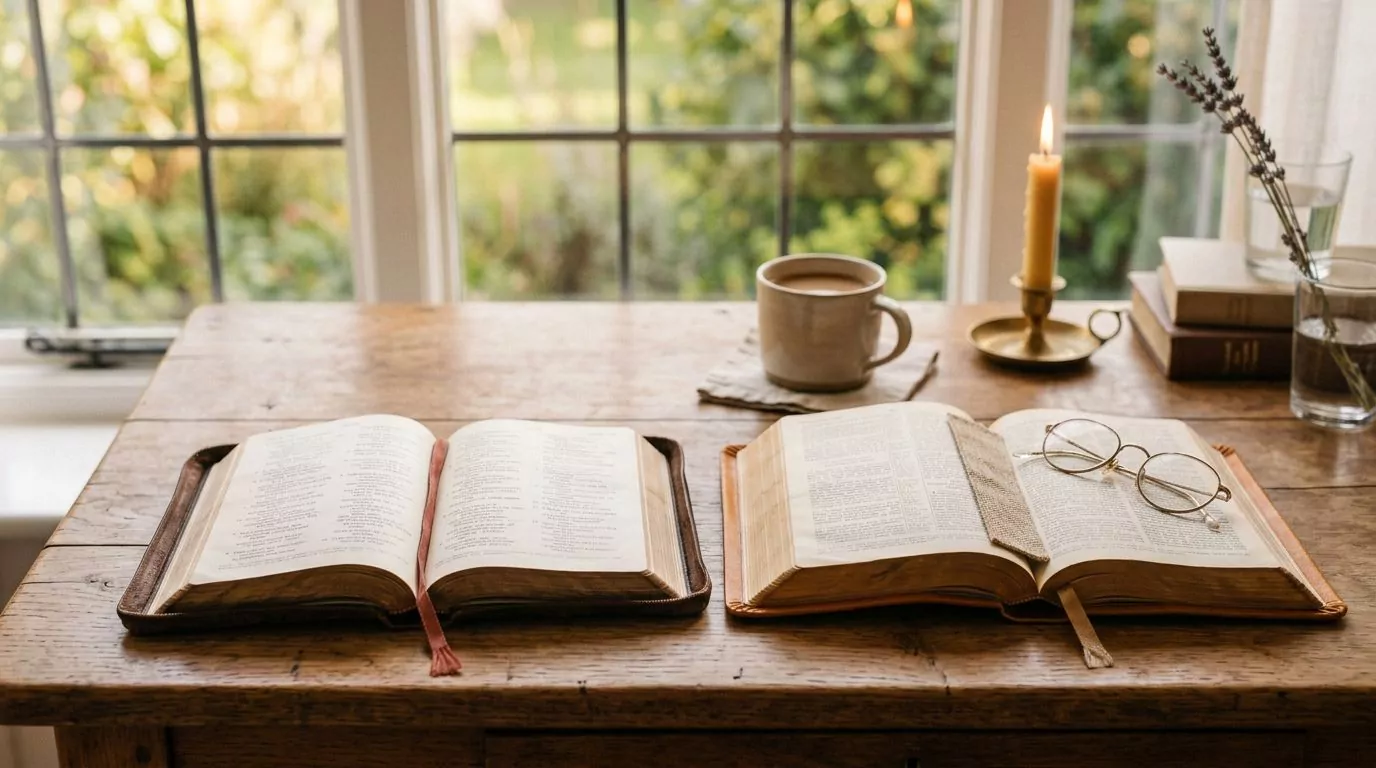 Two Bibles side by side on wooden desk