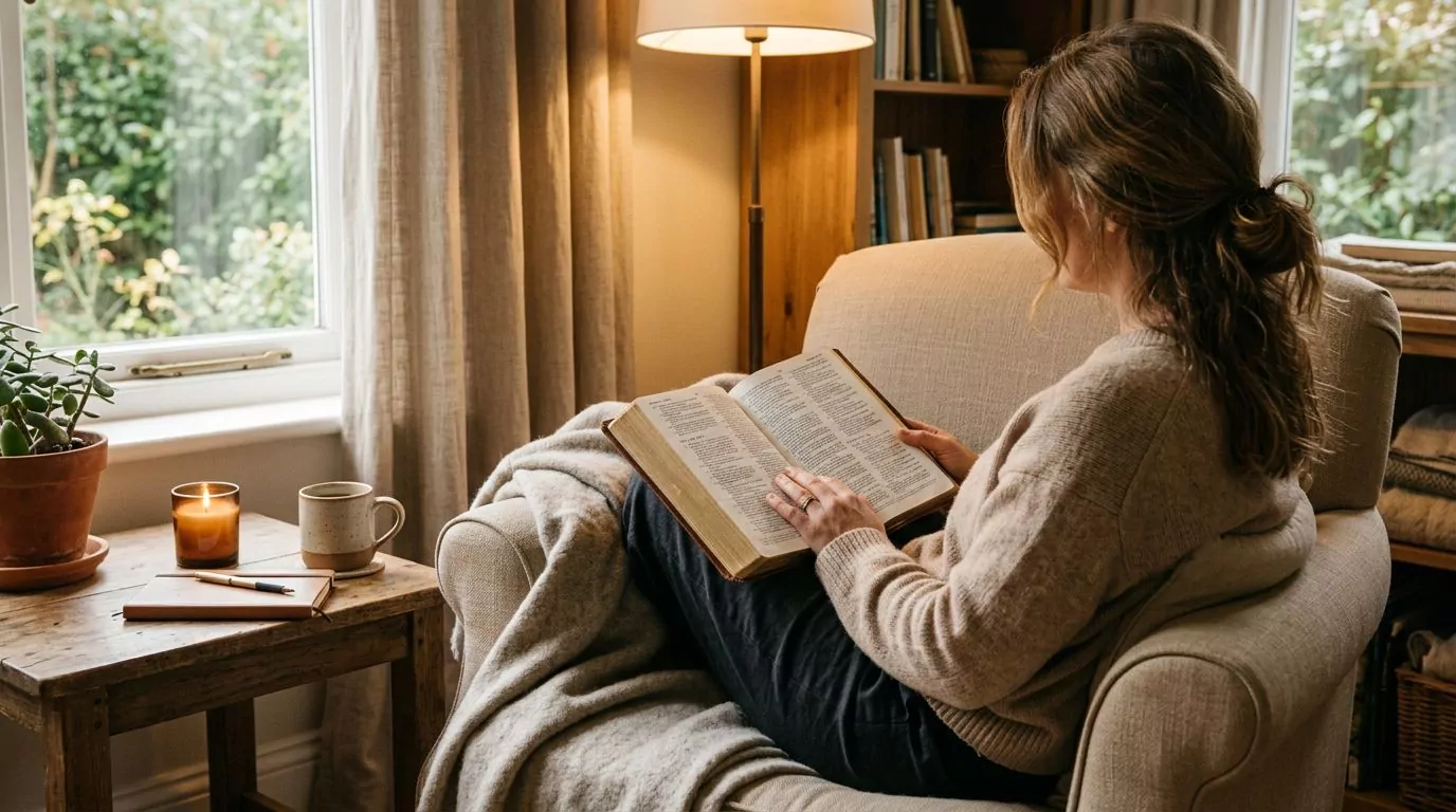 Person peacefully reading Bible in comfortable chair