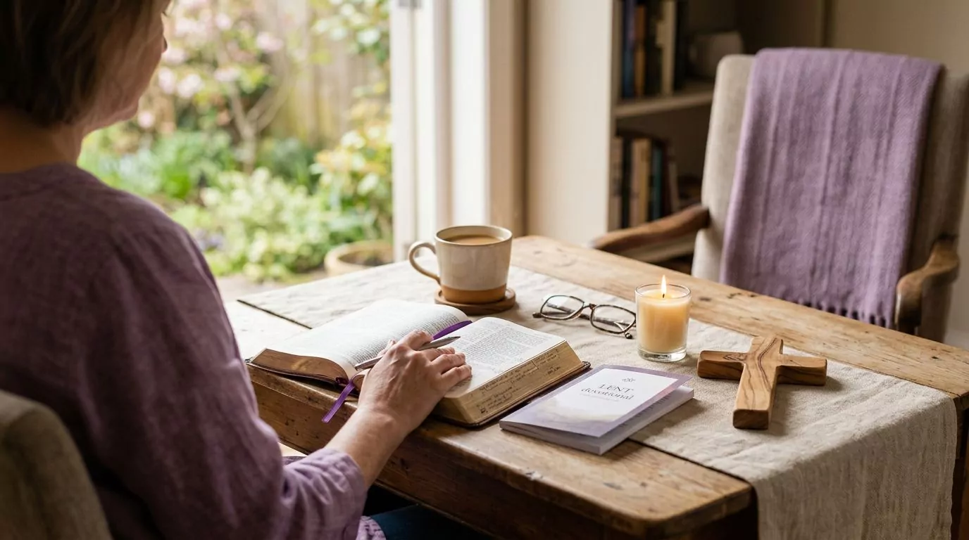 Peaceful Bible study scene during Lent season with purple colors and cross symbolism