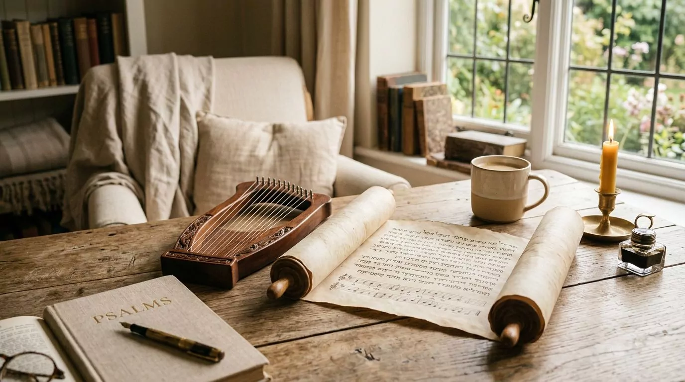 Ancient scroll and harp symbolizing the musical nature of Psalms