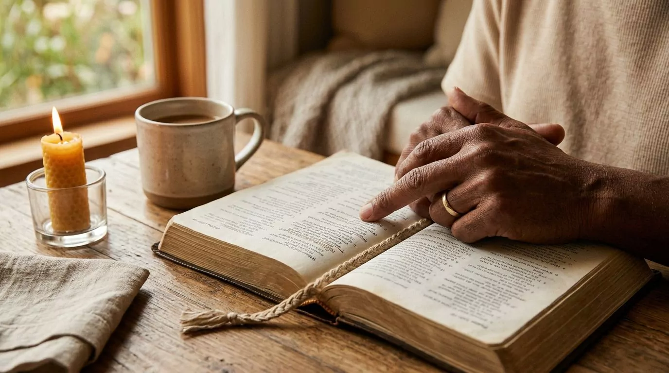 Hands pointing to Bible verse while praying, close-up showing scripture prayer and spiritual intimacy
