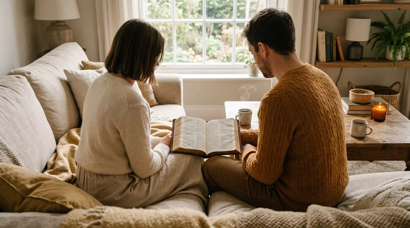 A couple reading Scripture together on a cozy couch