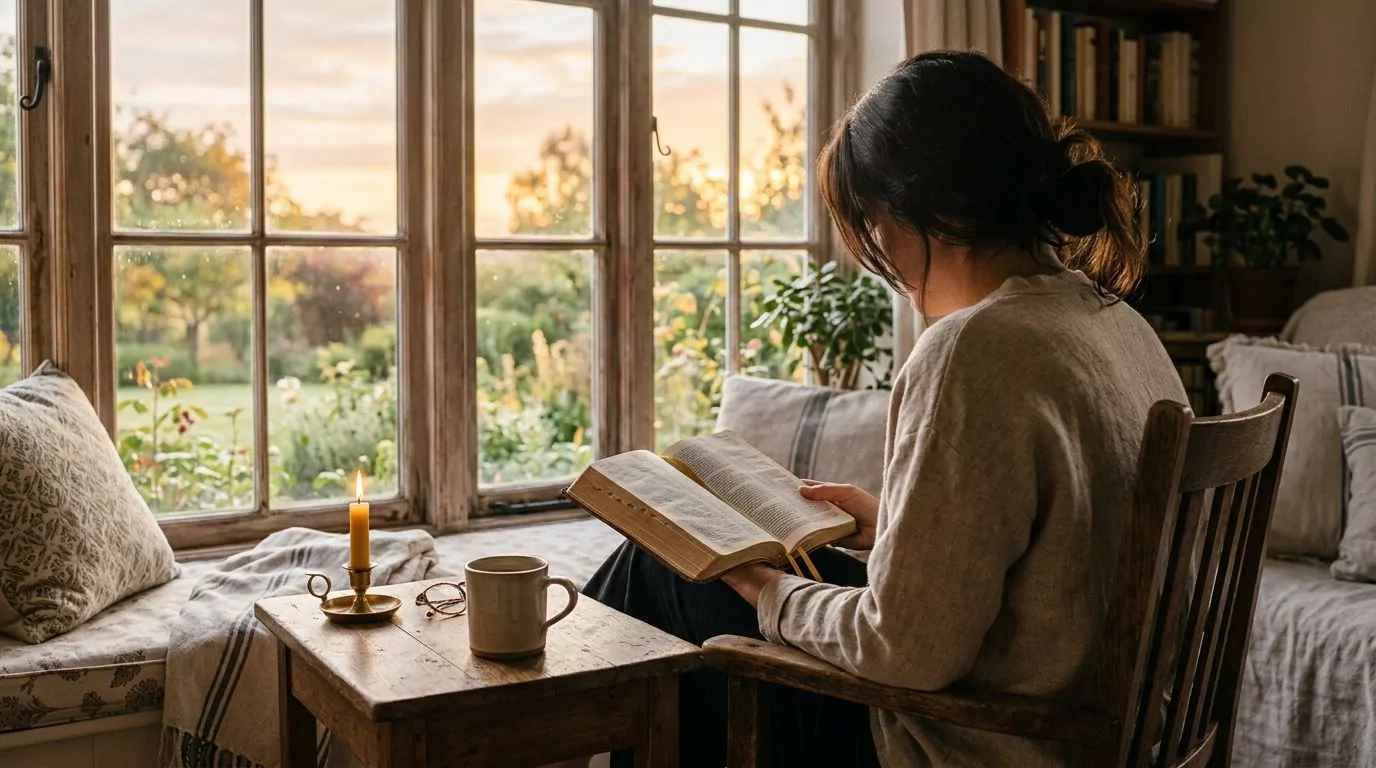 Person peacefully reading Bible near window at sunrise