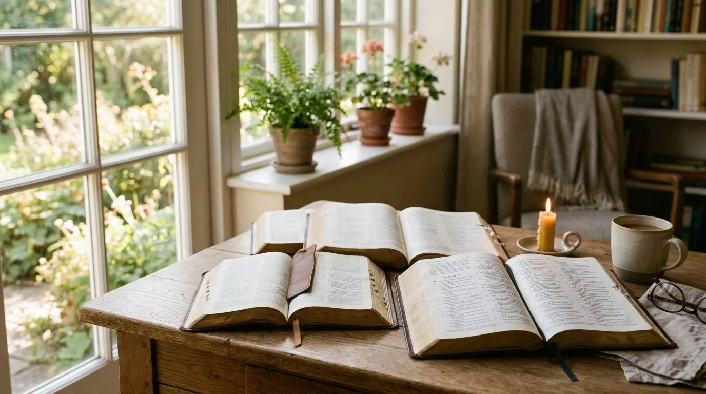 Multiple Bible translations open on a desk in warm morning light