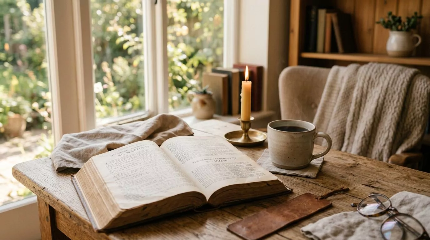 Open Bible showing the Gospels with warm morning light