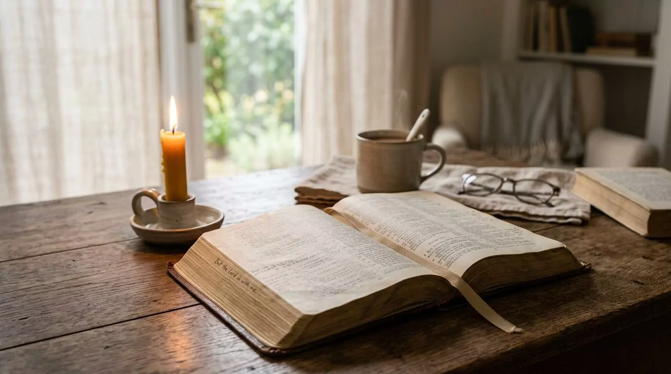 Open Bible with soft candlelight on a wooden table