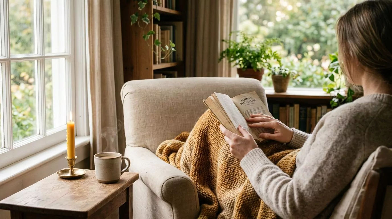 A person reading a devotional in a cozy armchair