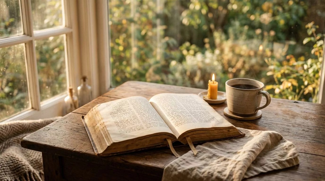 Open Bible with warm morning light
