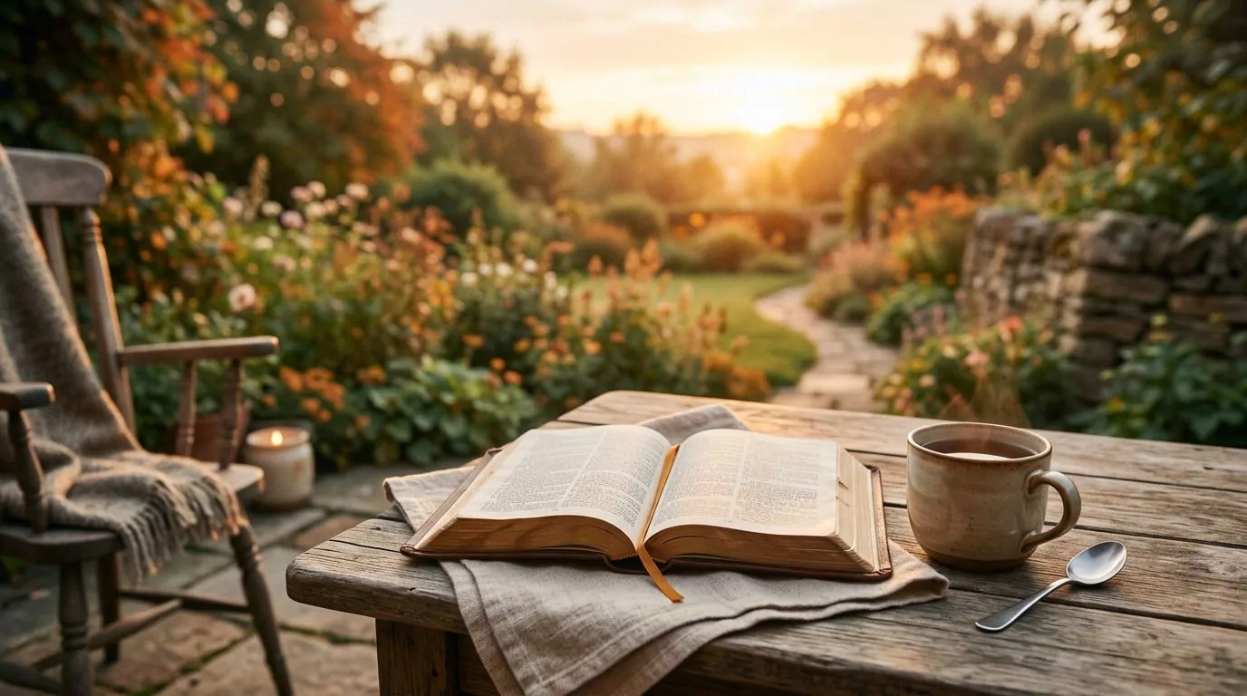A peaceful sunrise scene with an open Bible and a cup of tea on a garden table