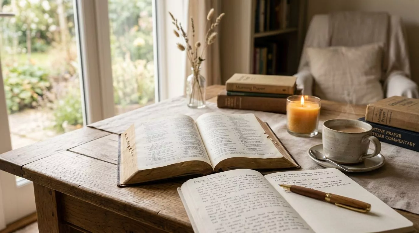 Bible open with notebook and pen for study time