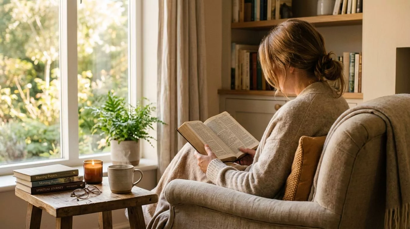 Person reading Bible peacefully in a cozy armchair