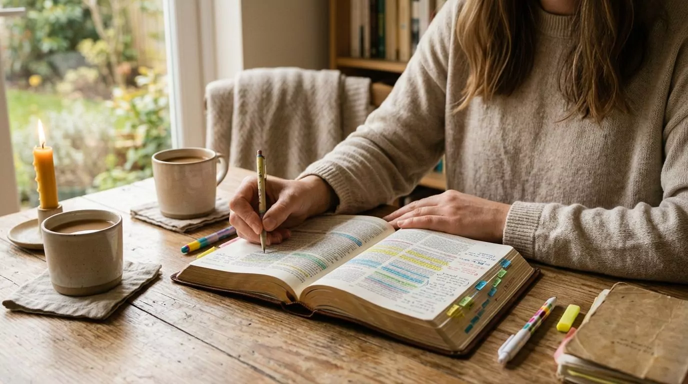 Person annotating their Bible with colorful highlights and margin notes