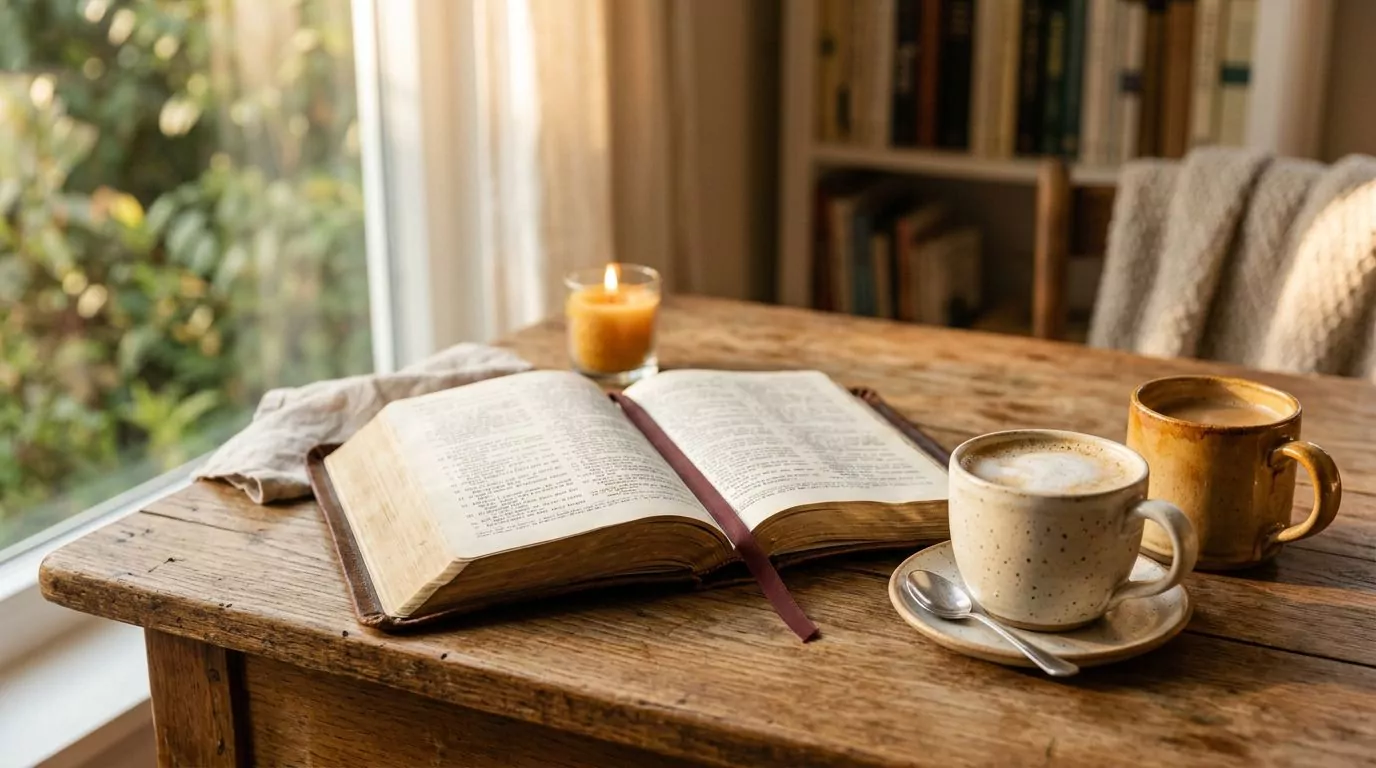 Two coffee cups beside an open Bible in morning light