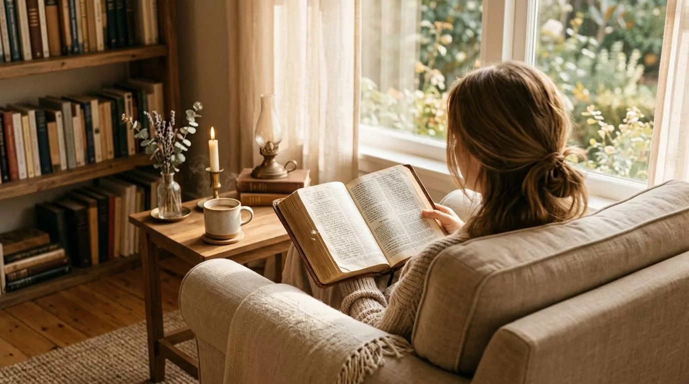 A person peacefully reading the Bible in a comfortable chair